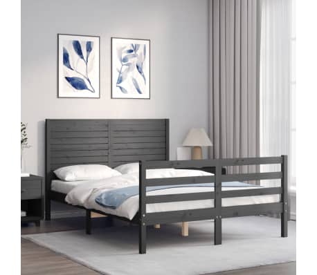 vidaXL Lovos rėmas su galvūgaliu, pilkas, 140x190cm, medienos masyvas