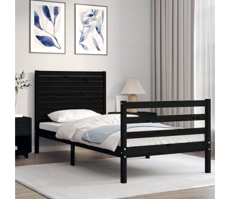 vidaXL Lovos rėmas su galvūgaliu, juodas, 90x200cm, medienos masyvas