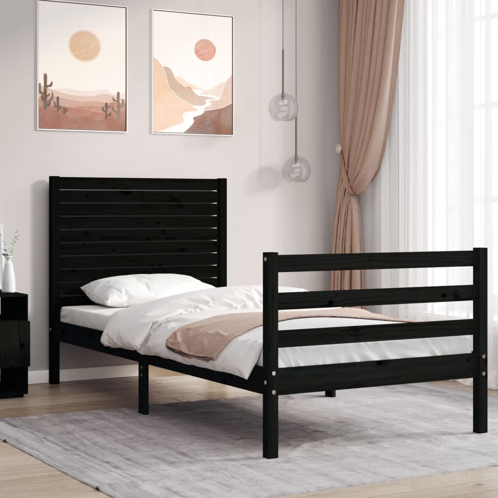 Rám postele s čelem černý 90 x 200 cm masivní dřevo