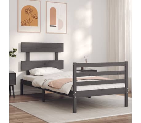 vidaXL Lovos rėmas su galvūgaliu, pilkas, medienos masyvas, vienvietis