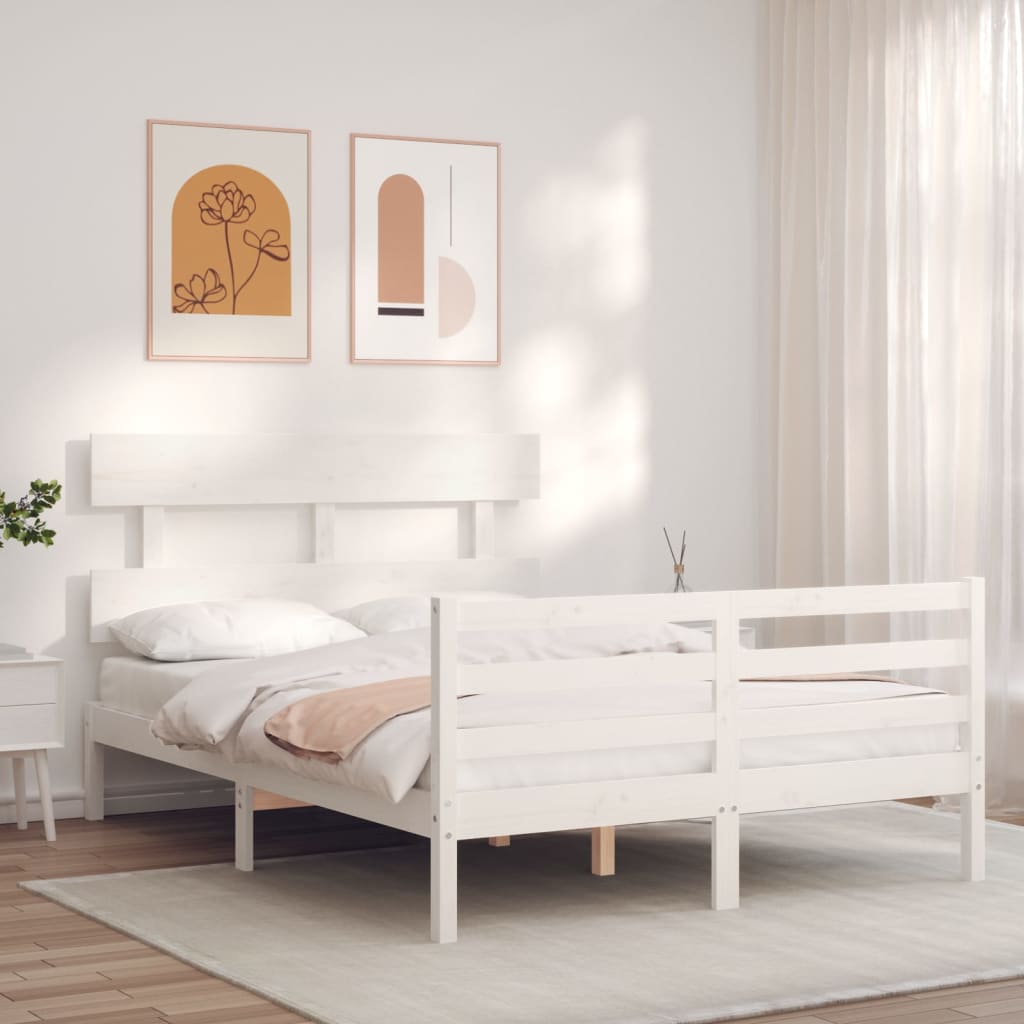 vidaXL Bedframe met hoofdbord massief hout wit afbeelding