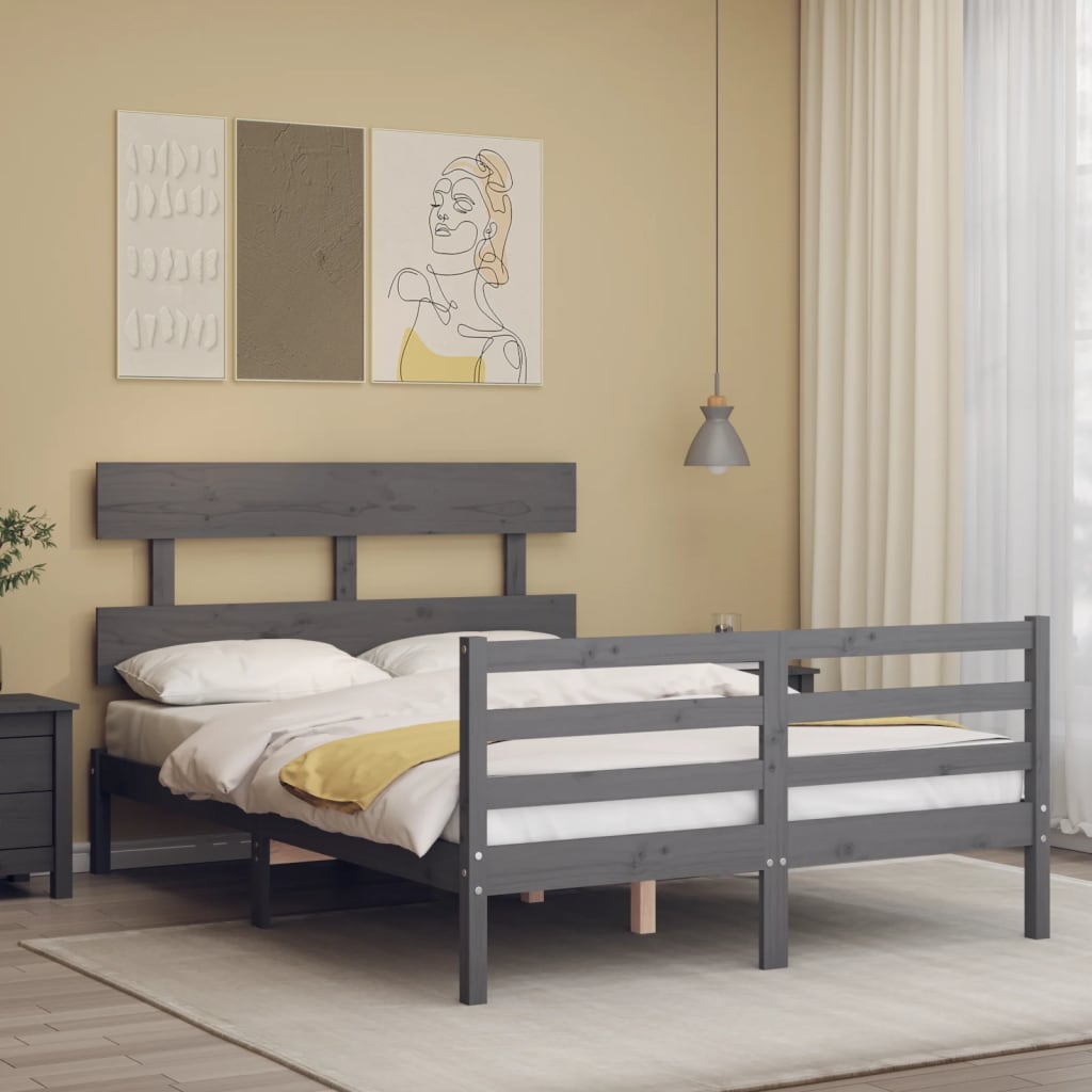 Cadru de pat cu tăblie, gri, 140x190 cm, lemn masiv
