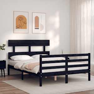 vidaXL Posteljni okvir z vzglavjem črn 140x190 cm trden les