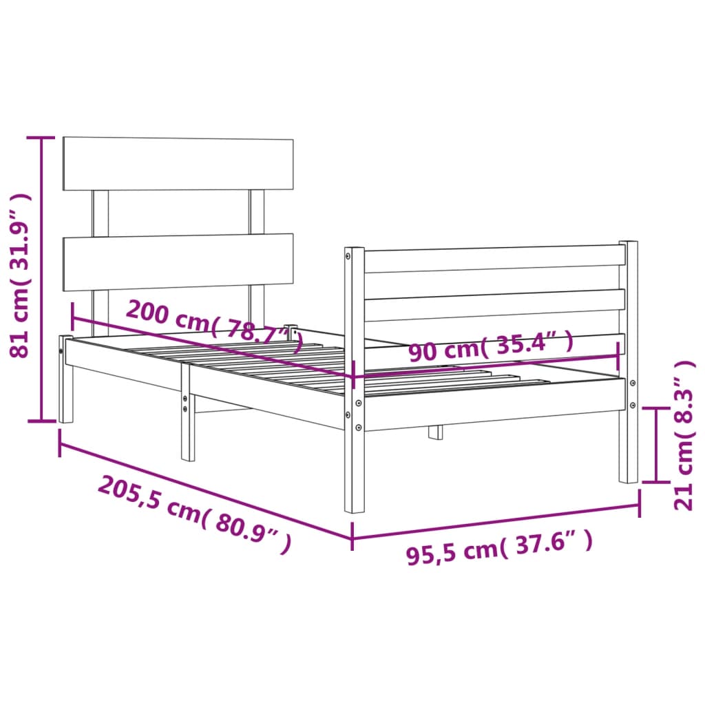 Posteljni okvir z vzglavjem 90x200 cm trden les