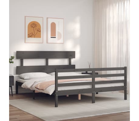 vidaXL Lovos rėmas su galvūgaliu, pilkas, medienos masyvas, didelis
