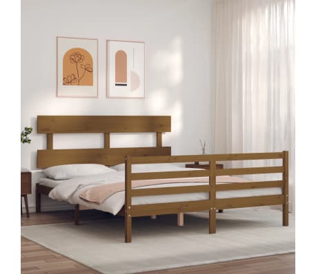 vidaXL Lovos rėmas su galvūgaliu, rudas, medienos masyvas, didelis