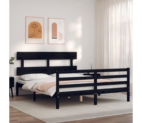 vidaXL Lovos rėmas su galvūgaliu, juodas, medienos masyvas, didelis
