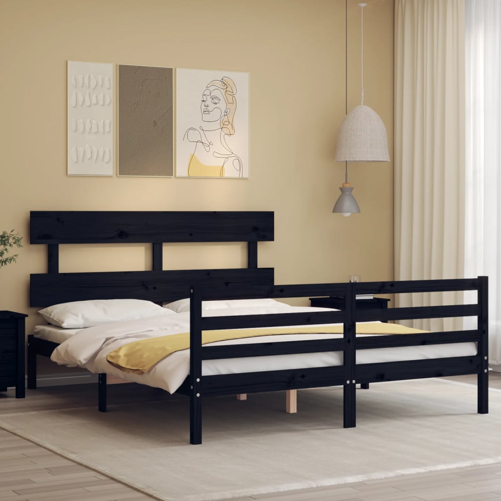 vidaXL Estrutura de cama com cabeceira 160x200 cm madeira maciça preto