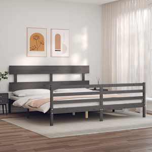 Rám postele s čelem šedý 200 x 200 cm masivní dřevo - obrázek 3