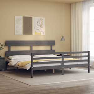Rám postele s čelem šedý 200 x 200 cm masivní dřevo - obrázek 1