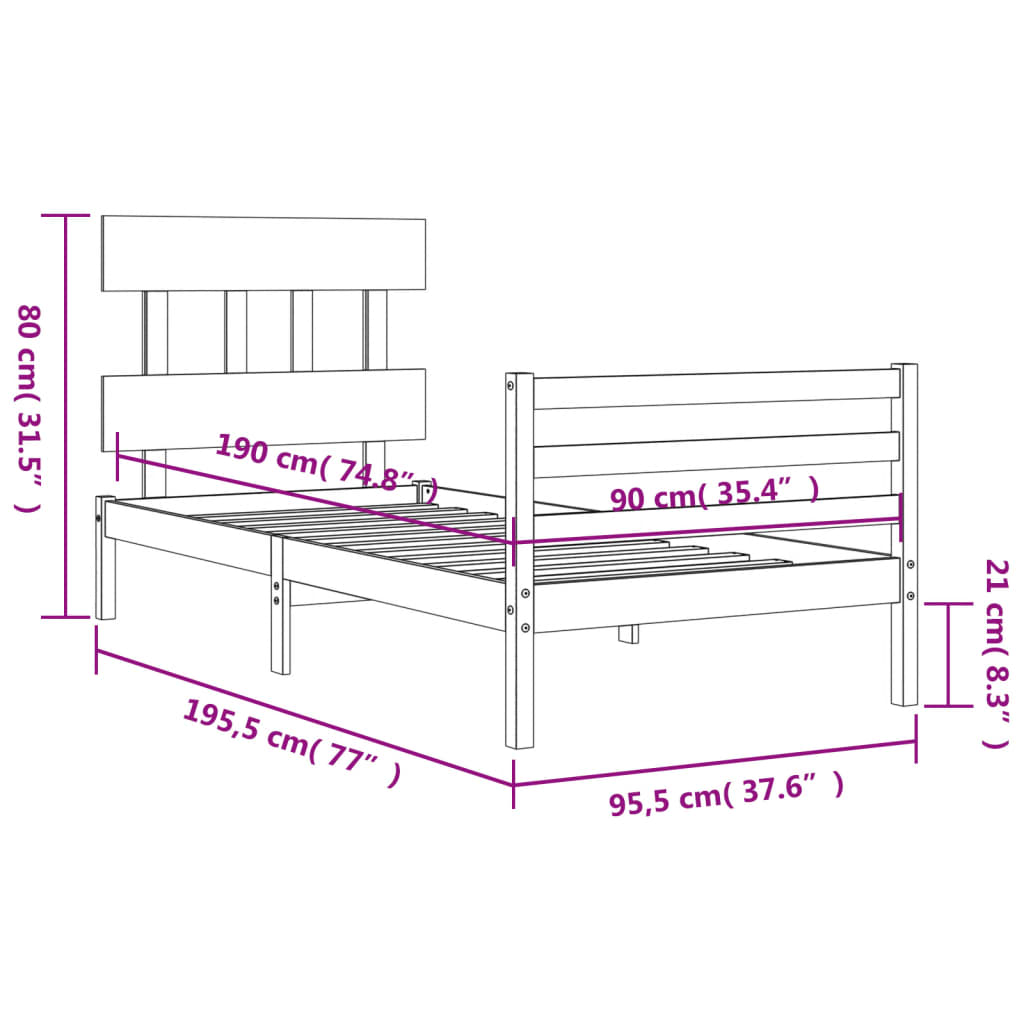 Рамка за легло с табла черна 3FT Single масивна дървесина