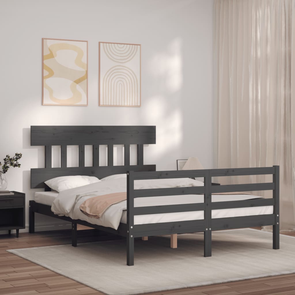 Cadru de pat cu tăblie, dublu, gri, lemn masiv
