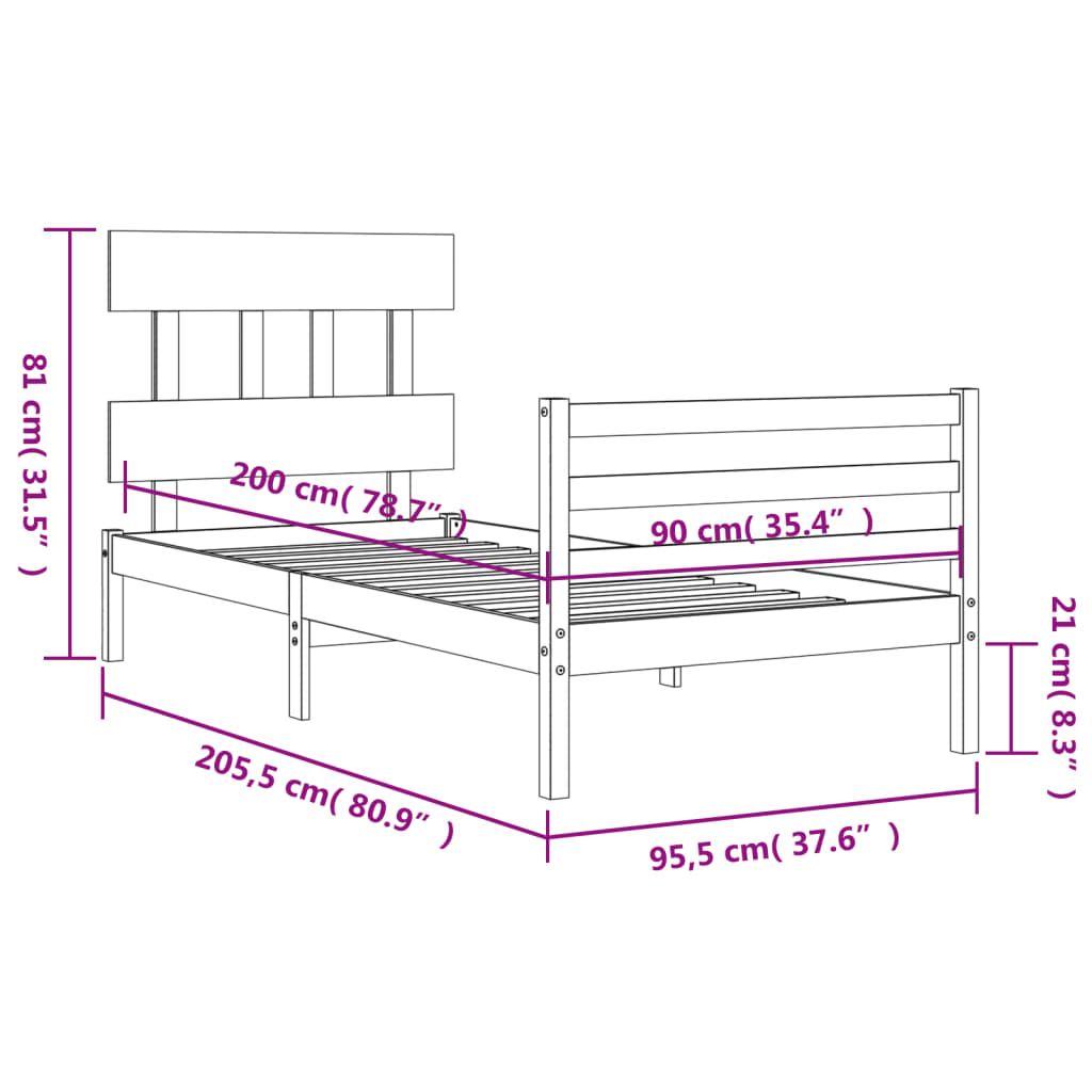 Posteljni okvir z vzglavjem 90x200 cm trden les