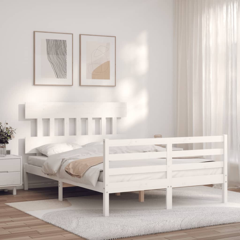 vidaXL Bedframe met hoofdbord massief hout wit 140x200 cm afbeelding
