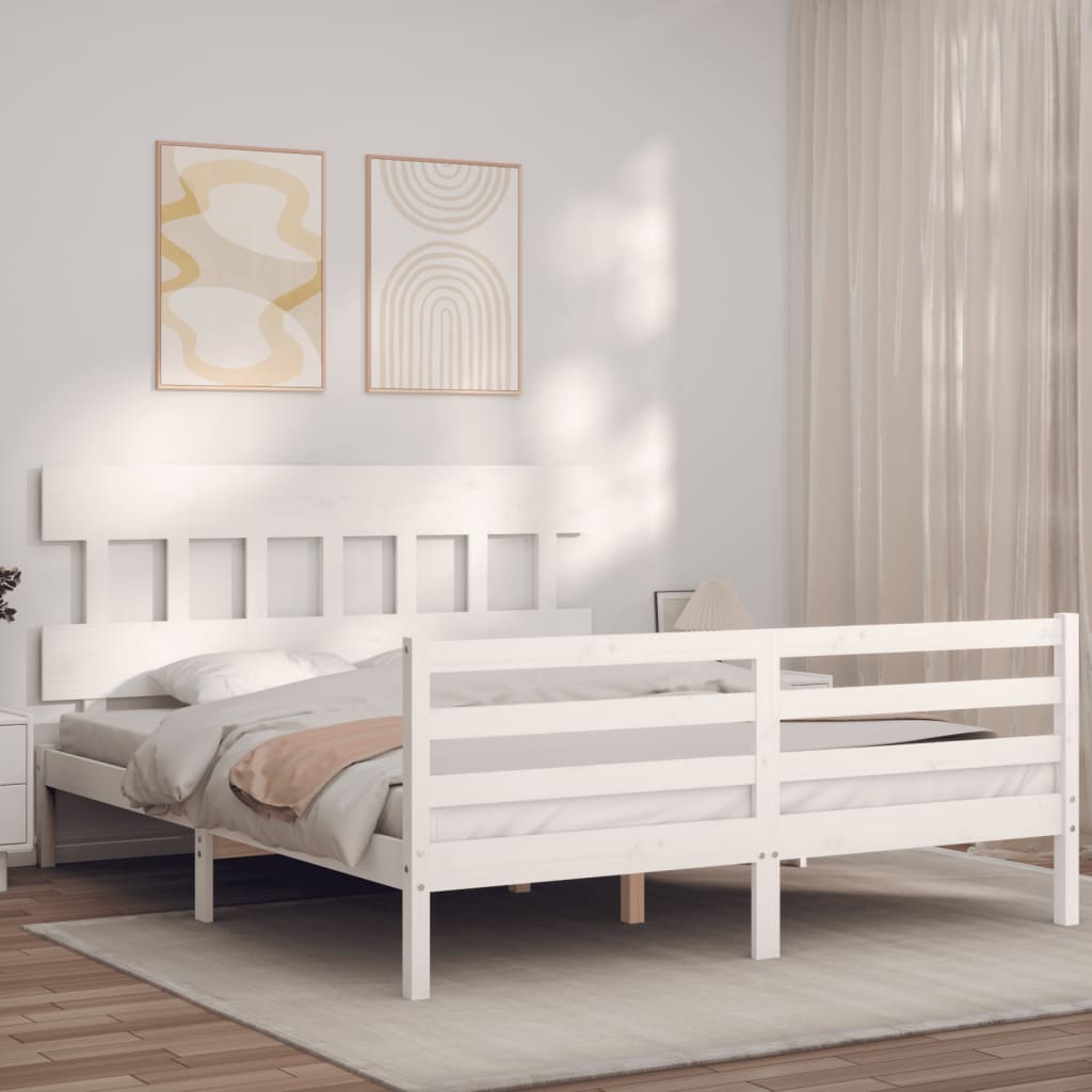 vidaXL Cadre de lit avec tête de lit blanc King Size bois massif