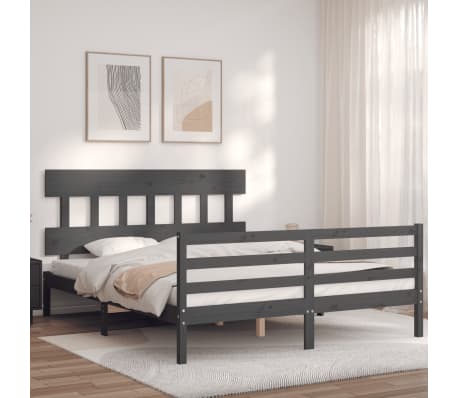 vidaXL Lovos rėmas su galvūgaliu, pilkas, medienos masyvas, didelis