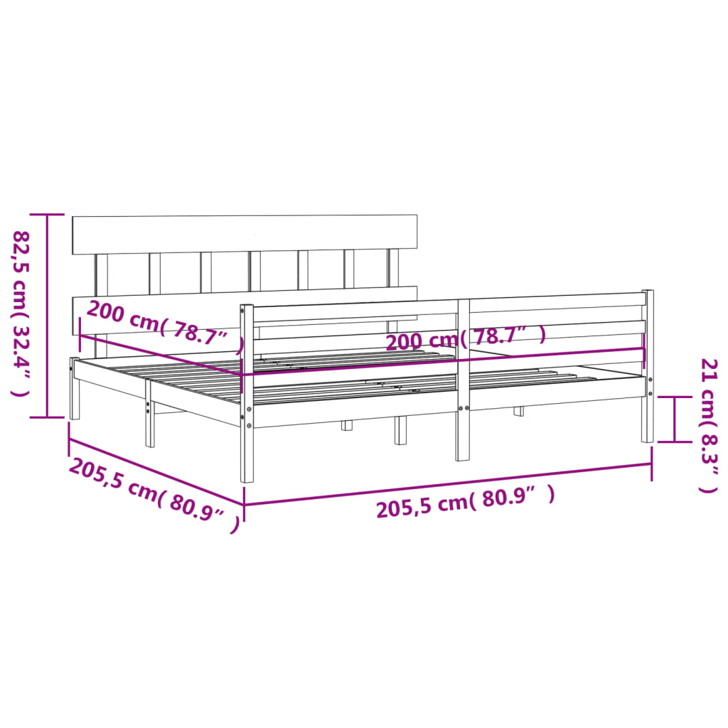 Rám postele s čelem šedý 200 x 200 cm masivní dřevo