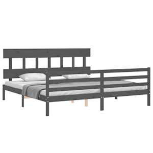 Rám postele s čelem šedý 200 x 200 cm masivní dřevo - obrázek 4