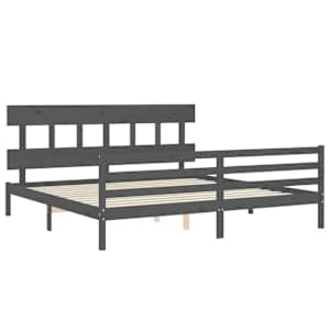 Rám postele s čelem šedý 200 x 200 cm masivní dřevo - obrázek 5