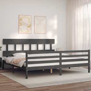 Rám postele s čelem šedý 200 x 200 cm masivní dřevo - obrázek 1