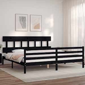 Rám postele s čelem černý 200 x 200 cm masivní dřevo - obrázek 3