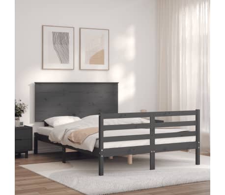 vidaXL Lovos rėmas su galvūgaliu, pilkas, medienos masyvas, dvivietis