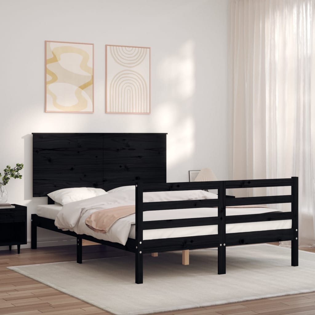 vida XL Massivholzbett mit Kopfteil Schwarz 4Ft6 Double