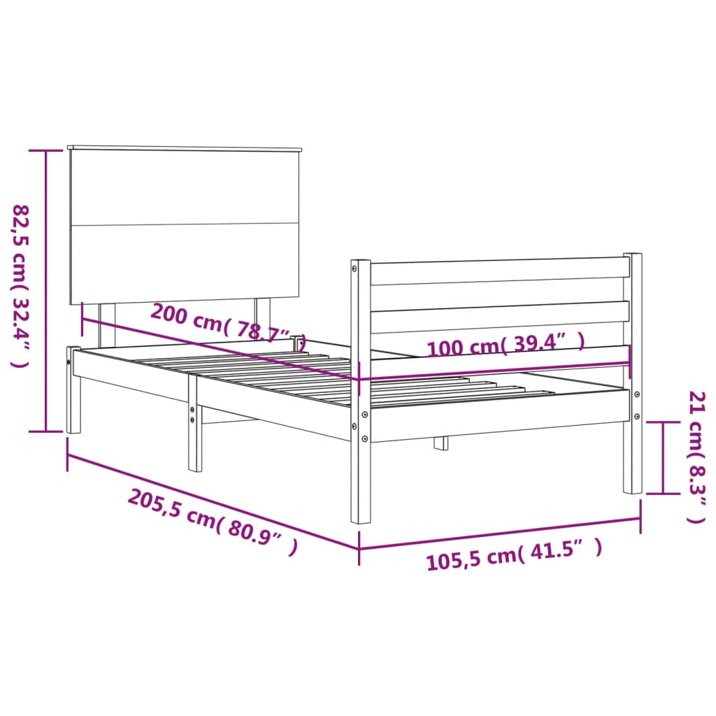 Okvir za krevet s uzglavljem 100x200 cm od masivnog drva