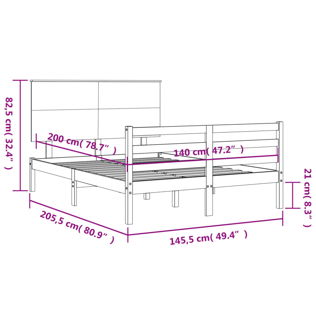 szürke tömör fa ágykeret fejtámlával 140 x 200 cm