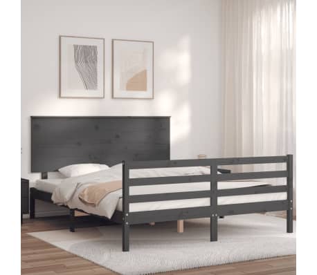 vidaXL Lovos rėmas su galvūgaliu, pilkas, medienos masyvas, didelis
