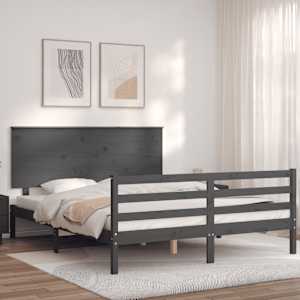 vidaXL Lovos rėmas su galvūgaliu, pilkas, medienos masyvas, didelis