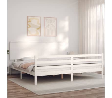vidaXL Cadru de pat cu tăblie Super King Size, alb, lemn masiv