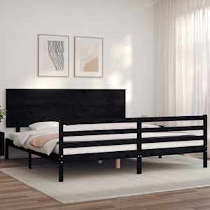 Rám postele s čelem černý 200 x 200 cm masivní dřevo - obrázek 1