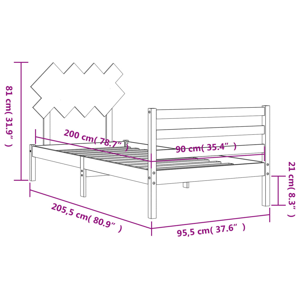 Rám postele s čelem 90 x 200 cm masivní dřevo