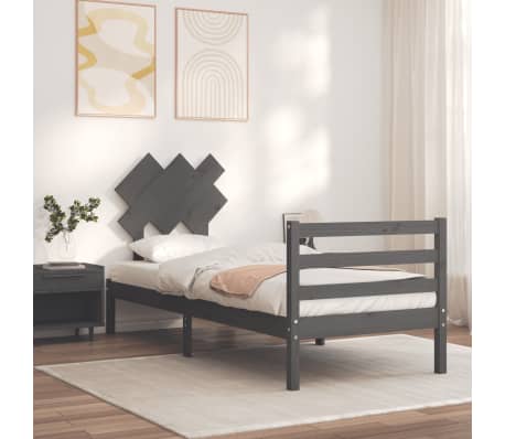 vidaXL Lovos rėmas su galvūgaliu, pilkas, 90x200cm, medienos masyvas