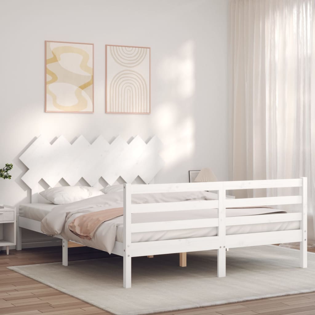 vidaXL Bedframe met hoofdbord massief hout wit 140x200 cm afbeelding