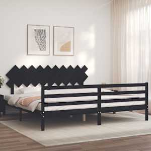 Rám postele s čelem černý 200 x 200 cm masivní dřevo - obrázek 1