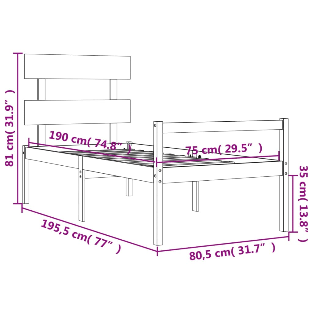 Cadru de pat cu tăblie 2FT6 Small Single, gri, lemn masiv