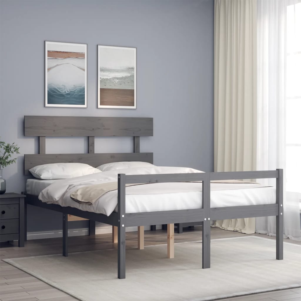 vidaXL Cadru de pat senior cu tăblie, 140x190 cm, gri, lemn masiv