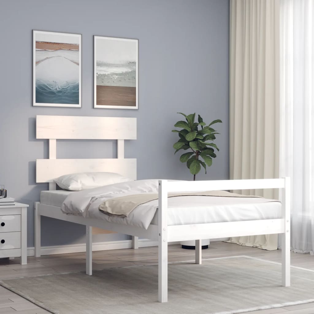 vidaXL Cadru de pat senior cu tăblie, 90x200 cm, alb, lemn masiv