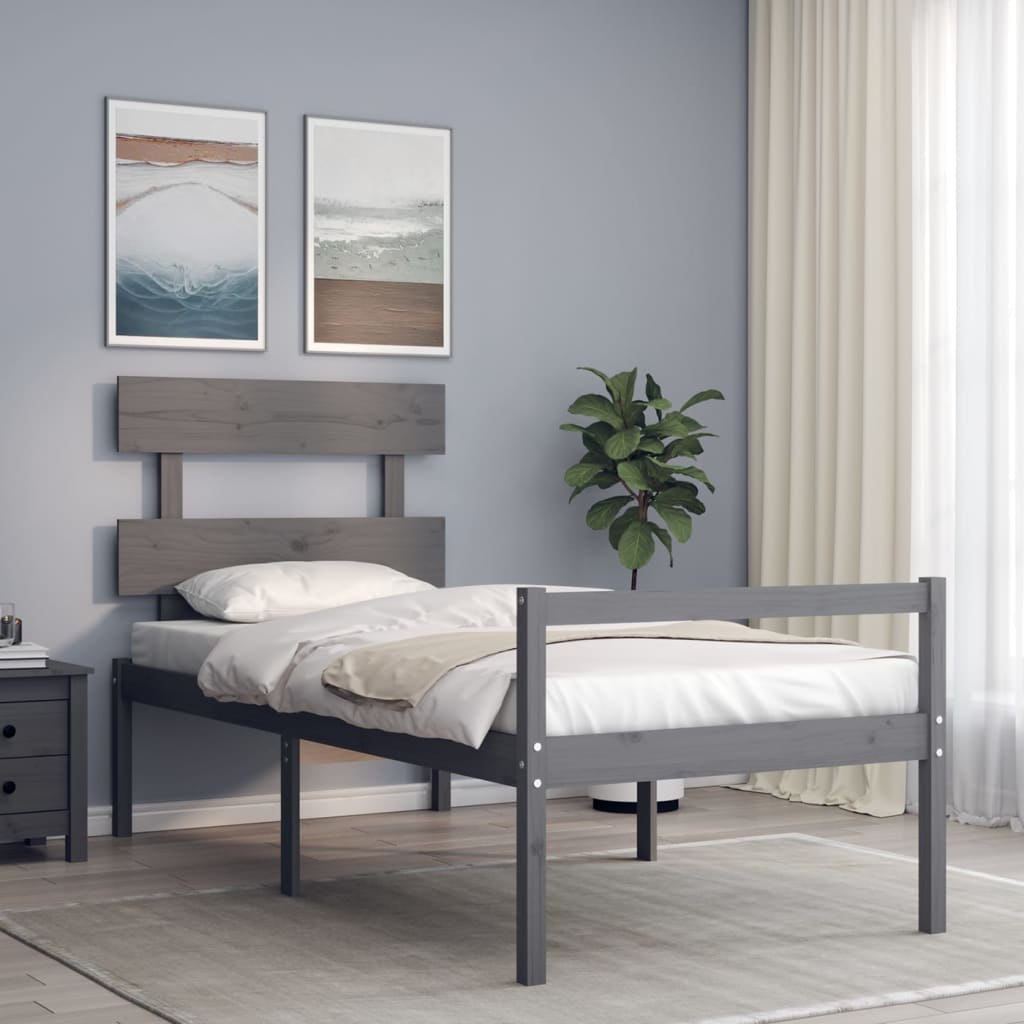 Cadru de pat cu tăblie, gri, 100x200 cm, lemn masiv