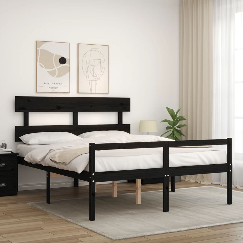 vidaXL Bed Frame with Headboard Black King Size Solid Wood