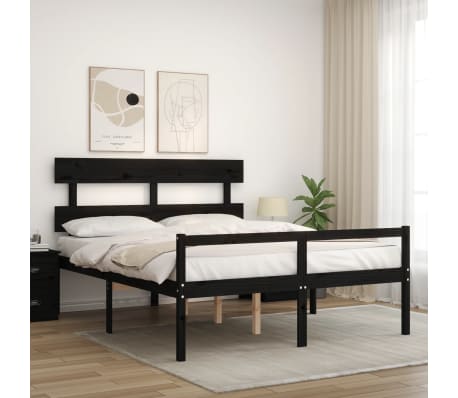 vidaXL Bed Frame with Headboard Black King Size Solid Wood