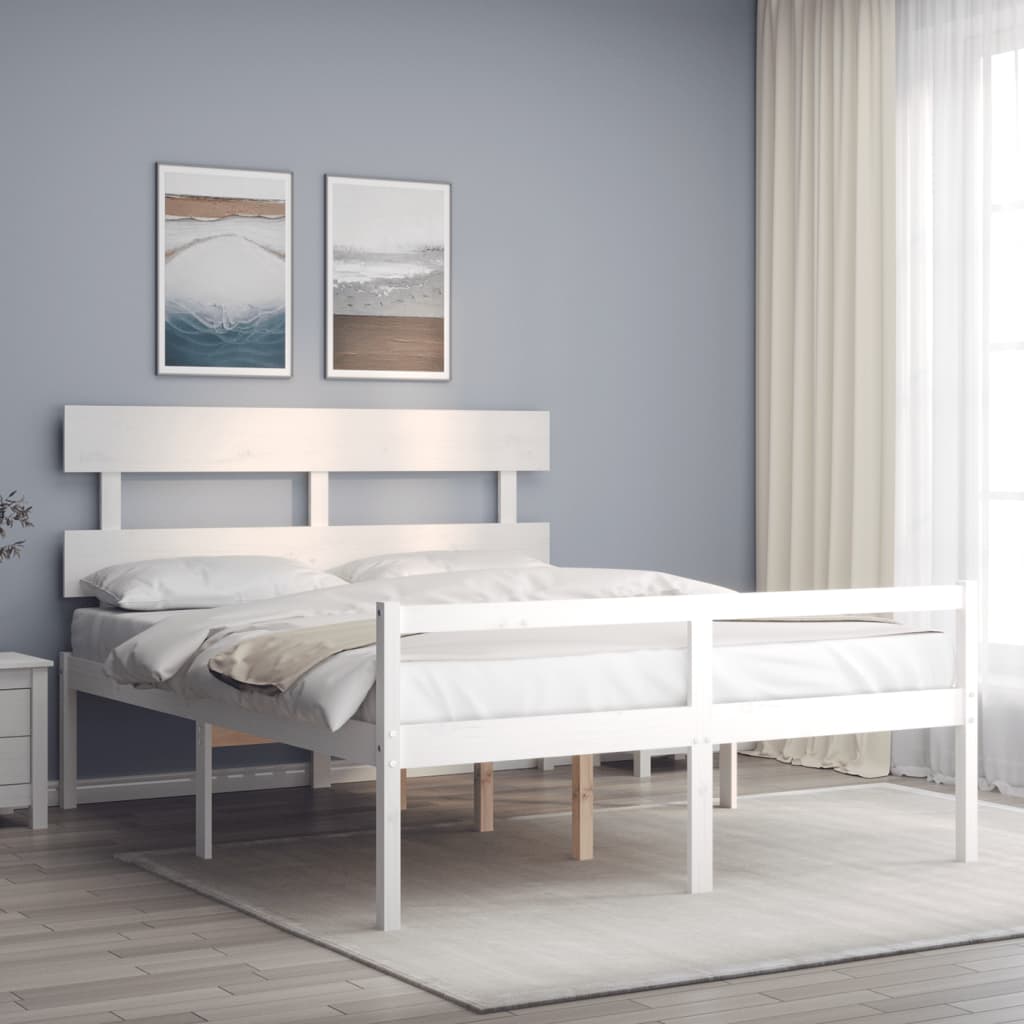 vidaXL Cadru de pat senior cu tăblie, 160x200 cm, alb, lemn masiv