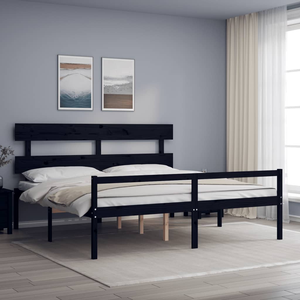 vidaXL Cadru de pat senior cu tăblie, negru Super King Size lemn masiv