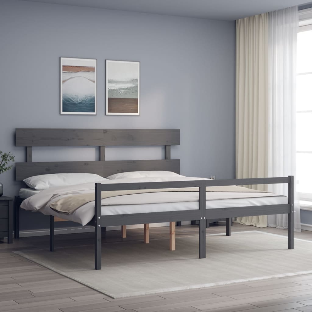 vidaXL Cadru de pat senior cu tăblie, 200x200 cm, gri, lemn masiv