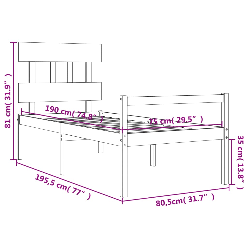 Cadru de pat cu tăblie 2FT6 Small Single, gri, lemn masiv