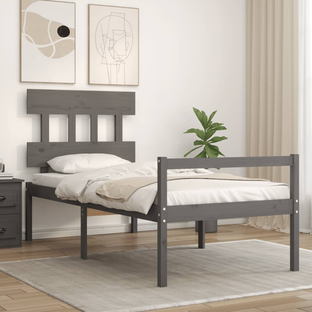 vidaXL Cama personas mayores cabecero madera maciza gris 100x200 cm