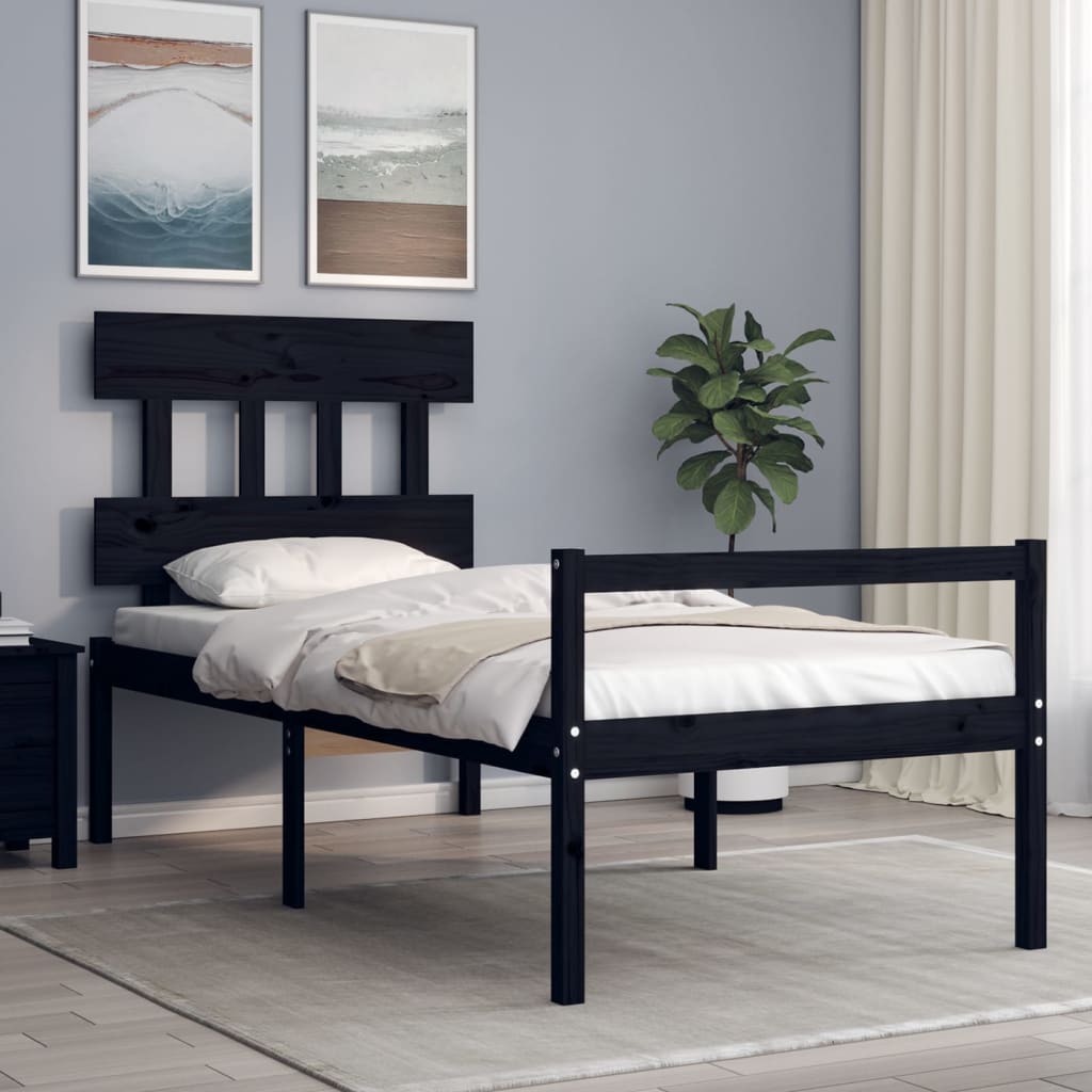 vida XL Massivholzbett mit Kopfteil Schwarz 100x 200 cm
