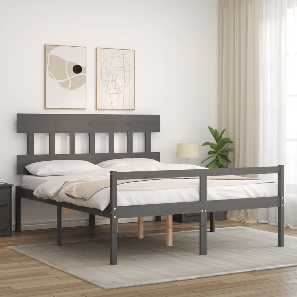 Thumbnail - vidaXL Seniorenbett mit Kopfteil Grau Kingsize Massivholz